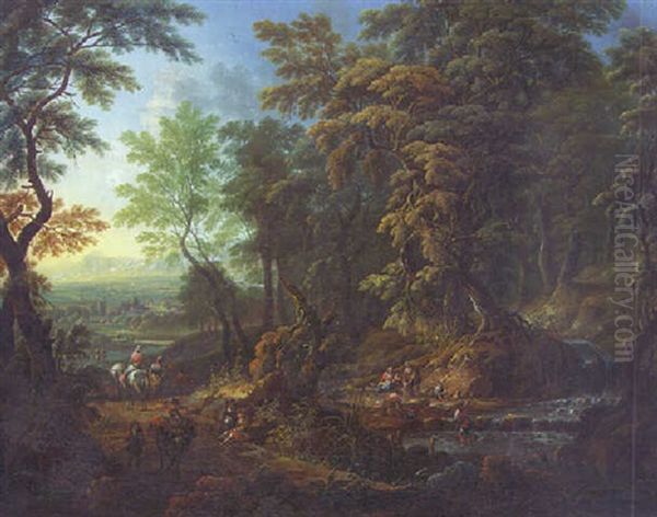 A Wooded Landscape, With Travellers On A Path And Peasants By A Stream, An Extensive Landscape With A Town Beyond Oil Painting by Joachim Franz Beich