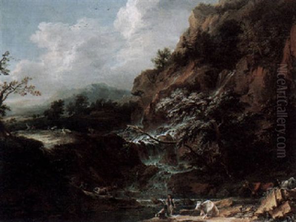 A Mountainous River Landscape With Fishermen And Cattle Beneath Some Falls, A House Beyond Oil Painting by Joachim Franz Beich