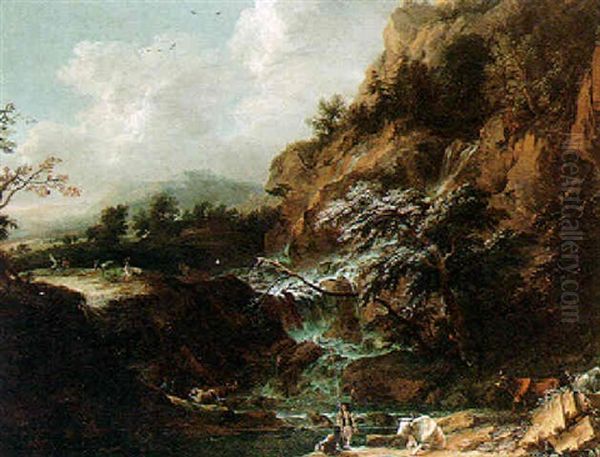 Mountainous River Landscape With Fishermen And Cattle Beneath Some Falls, A House Beyond Oil Painting by Joachim Franz Beich