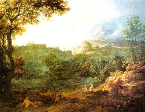 Sudliche Romantische Berglandschaft Mit Rastenden Wanderern An Einem Flus Oil Painting by Joachim Franz Beich