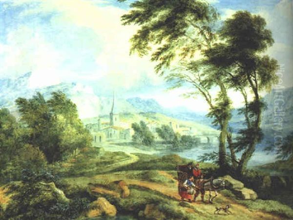 Reisende Mit Pferd Und Wagen In Einer Weiten Fluslandschaft Oil Painting by Joachim Franz Beich