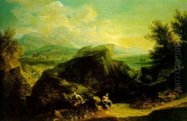 An Extensive Mountainous Landscape, With The Rest On The Flight To Egypt In The Foreground Oil Painting by Joachim Franz Beich