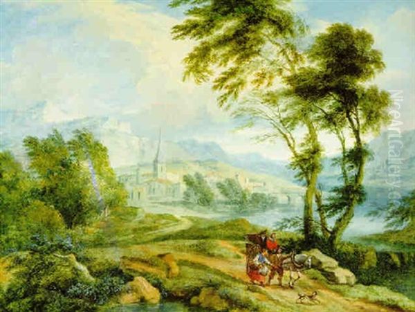 Reisende Mit Pferd Und Wagen In Einer Weiten Flusslandschaft Oil Painting by Joachim Franz Beich