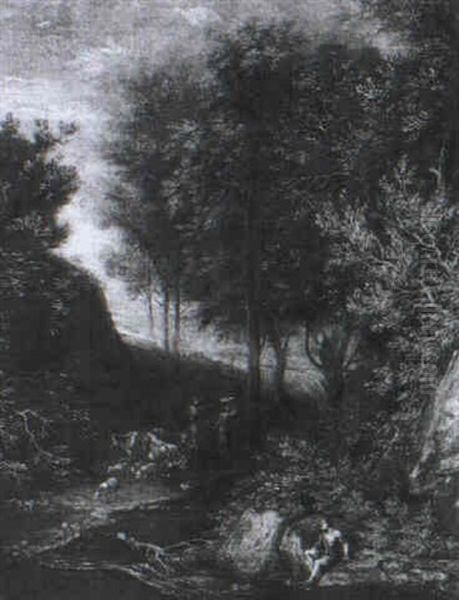 Waldlandschaft Mit Einem Angler Und Hirten Mit Ihrer Herde  Am Bach Oil Painting by Joachim Franz Beich