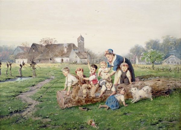 Spielende Kinder In Landlicher Umgebung Oil Painting by Fritz Beinke