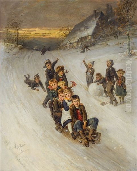 Kindervergnugen - Abendliche Schlittelpartie Oil Painting by Fritz Beinke