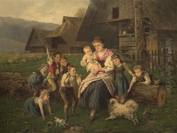 Family Portait With Dog Oil Painting by Fritz Beinke