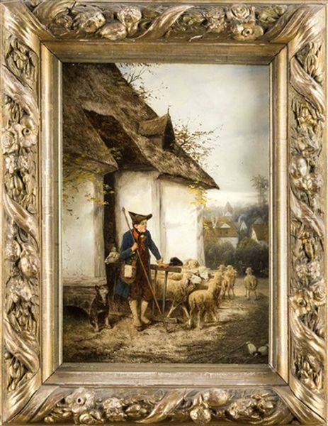 Schafer Beim Offnen Des Gatters Durch Das Die Schafe Richtung Dorf Drangen Oil Painting by Fritz Beinke