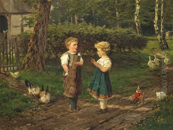 Boy And Girl On A Village Road Oil Painting by Fritz Beinke