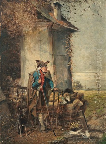 Schafer Verlasst Mit Seiner Herde Das Quartier Oil Painting by Fritz Beinke