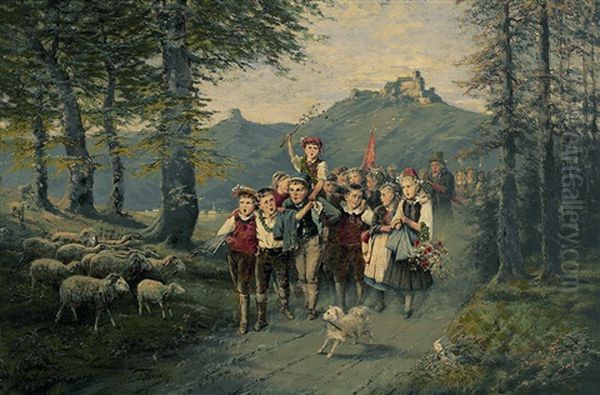 Schulklasse Auf Fruhlingsausflug Oil Painting by Fritz Beinke