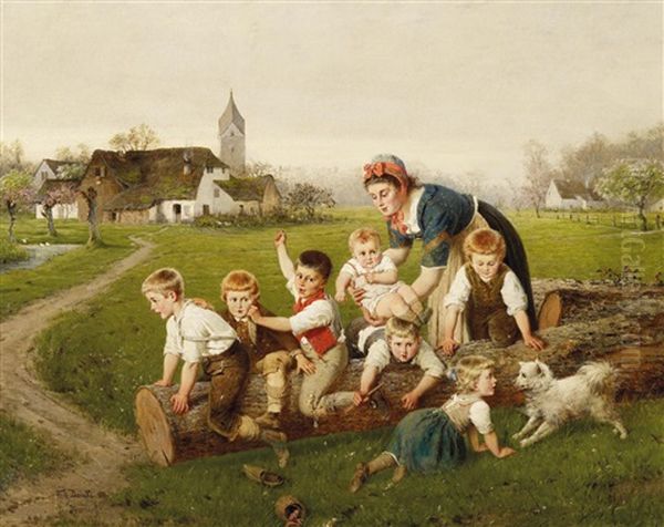 Fruhlingsmorgen. Mutter Und Kinder Beim Spiel Auf Der Dorfwiese Oil Painting by Fritz Beinke