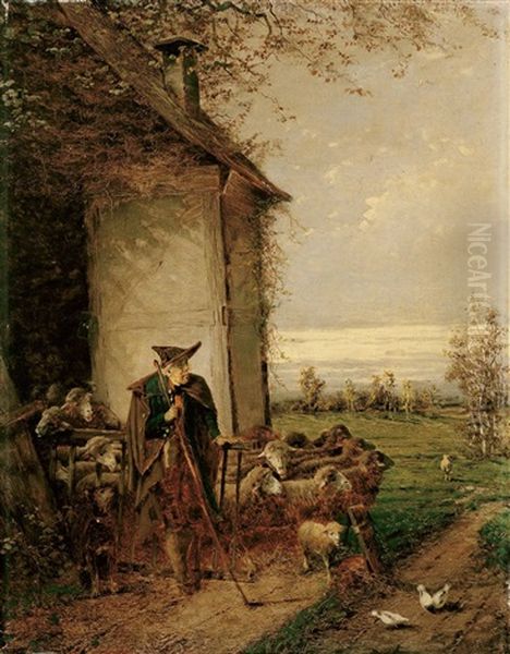 Schafer Mit Herde Oil Painting by Fritz Beinke