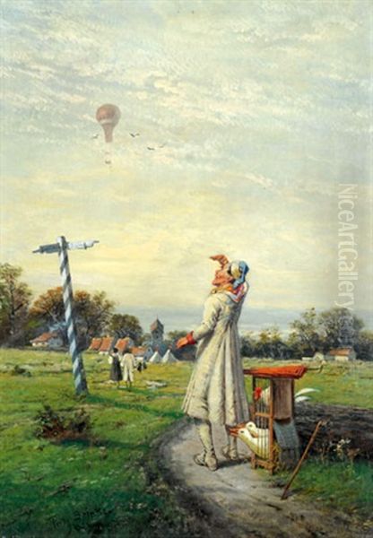 Dorflandschaft Mit Bauer Und Gansen - Am Himmel Ein Heissluftballon Oil Painting by Fritz Beinke