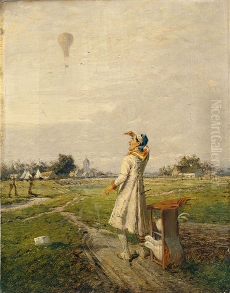 Ein Bauer Beobachtet Einen Aufsteigenden Heissluftballon Oil Painting by Fritz Beinke