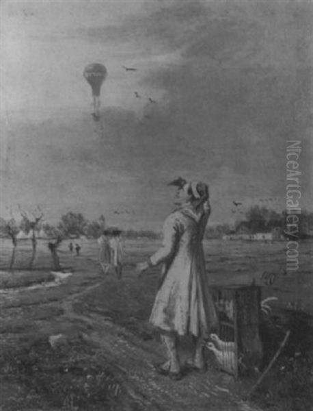 Sensation. Ein Bauer Den Flug Eines Fesselballons Beobachtend Oil Painting by Fritz Beinke