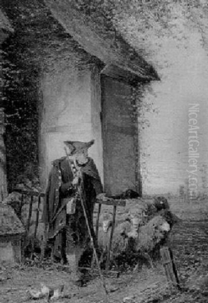 Schafer Am Stall Beim Hhrausfuhren Der Herde Oil Painting by Fritz Beinke