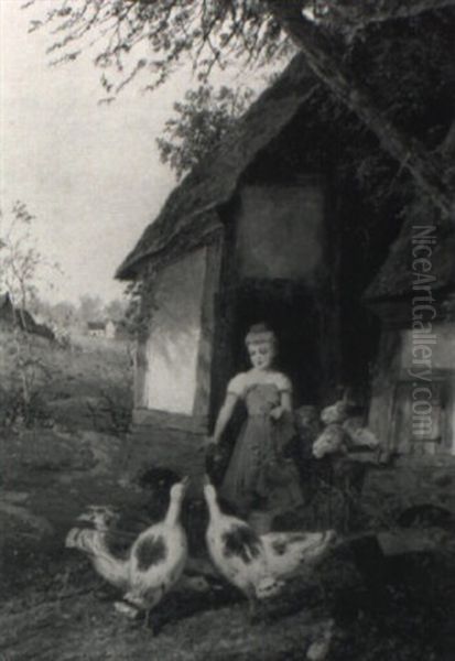 Hirtenmadchen Aus Der Schwalm Mit G,nsen Und Schafen Oil Painting by Fritz Beinke