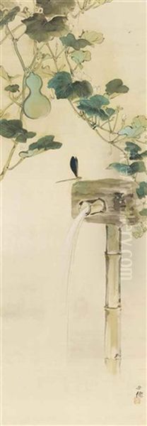 A Dragonfly On A Water Fountain Under Morning Glory And Gourds Oil Painting by Kutoba Beisen