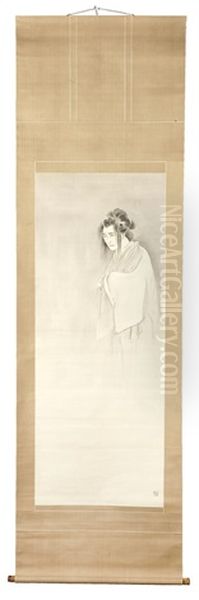 Depicting A Female Yokai (ghost), Dressed In A White Burial Kimono With Black Dishevelled Hair, Floating In The Air (diptych) Oil Painting by Kutoba Beisen