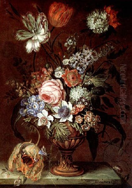 A Bouquet Of Flowers In A Vase On A Marble Table Oil Painting by Daniel van Beke