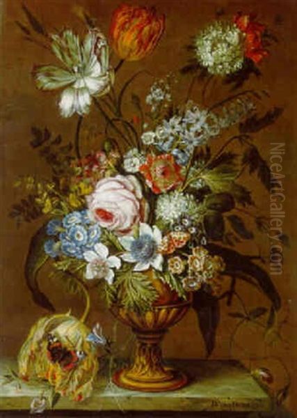 Flowers In A Vase With Butterflies On A Marble Ledge Oil Painting by Daniel van Beke