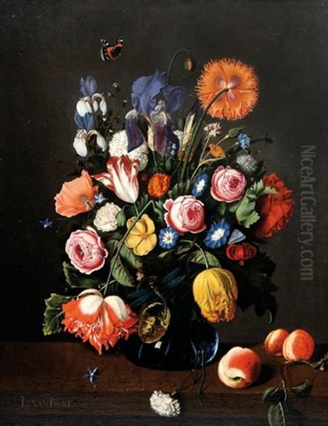 Bouquet De Fleurs Dans Un Vase En Verre Et Branche D'abricotier Poses Sur Un Entablement Oil Painting by Leendert van Beke