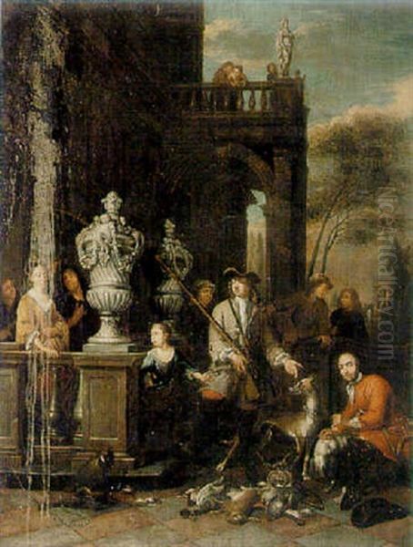 Elegant Ladies And Sportsmen With Their Game In An Architectural Setting Oil Painting by Ignace van der Beken