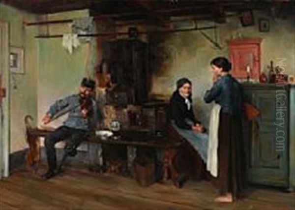 Interior From Munich With Two Women And A Man Playing The Violin Oil Painting by Hermann Bek-Gran