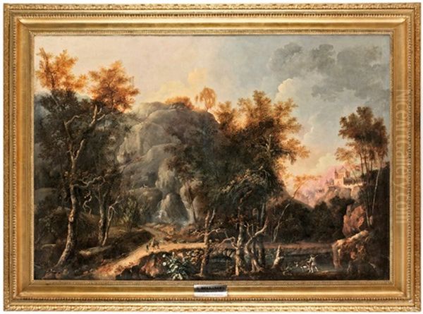 Bergigt Landskap Med Figurstaffage Oil Painting by Louis Belanger