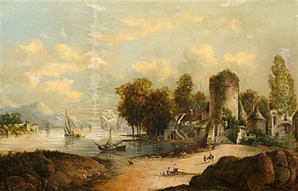 Flodlandskap Med Batar, Byggnader, Figurer Och Ruiner Oil Painting by Louis Belanger