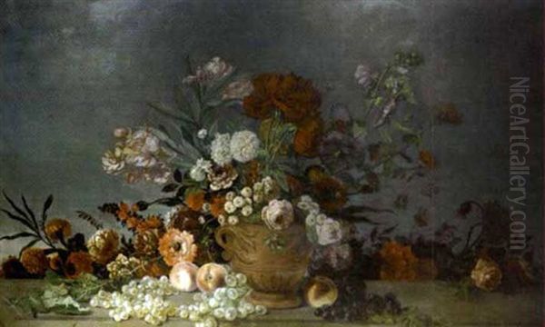 Nature Morte De Fleurs Et De Fruits Sur Un Entablement Oil Painting by Louis Belanger