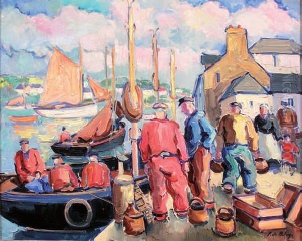 Pecheurs Sur Le Port De Douarnenez Oil Painting by Pierre De Belay