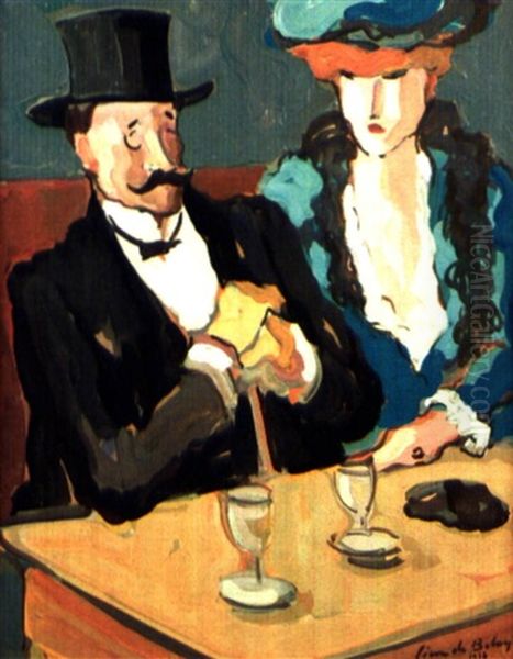 Le Couple Au Cafe Oil Painting by Pierre De Belay