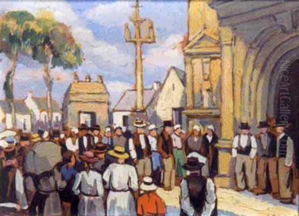 Sortie De Messe En Bretagne Oil Painting by Pierre De Belay