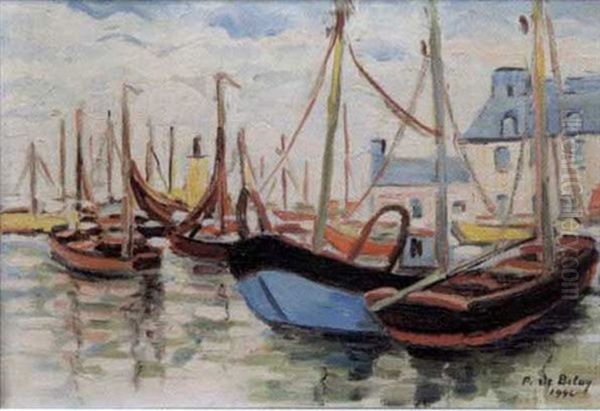 Marine, Barques Au Port Oil Painting by Pierre De Belay