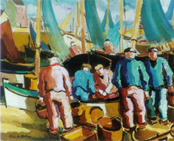 Sur Les Quais A Douarnenez - Marine Oil Painting by Pierre De Belay