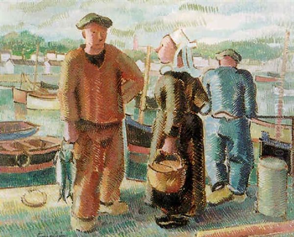 Retour De Peche - Conversation Sur Le Port Oil Painting by Pierre De Belay