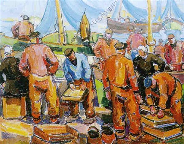 Pecheurs Sur Le Port De Douarnenez Oil Painting by Pierre De Belay