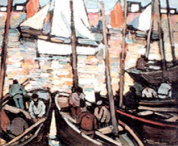 Le Port: Animation Sur Les Barques Oil Painting by Pierre De Belay