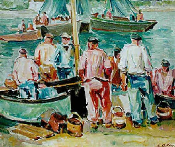 Retour De Peche A Audierne - Barques A Quai Oil Painting by Pierre De Belay