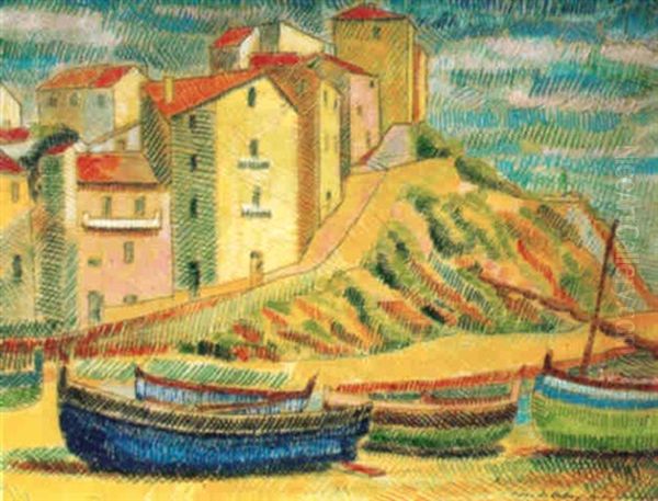 Banyuls - Barques Sur La Plage Oil Painting by Pierre De Belay