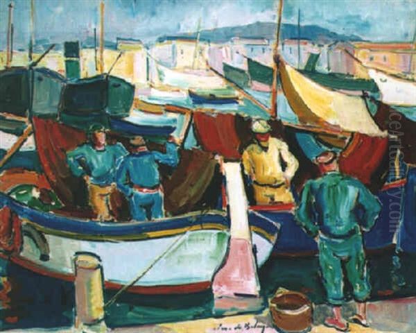 Marine - Barques A Quai Oil Painting by Pierre De Belay