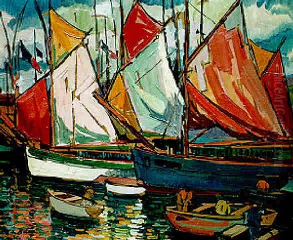 Thoniers Sous Voiles A Concarneau Oil Painting by Pierre De Belay