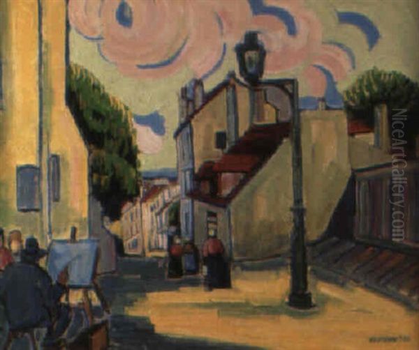 Le Peintre A Son Chevalet Sur La Butte Montmartre Oil Painting by Pierre De Belay