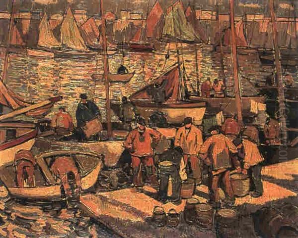 Marins Dans Un Port De Peche Oil Painting by Pierre De Belay