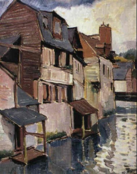 Maisons En Bord De Riviere A Chartres Oil Painting by Pierre De Belay