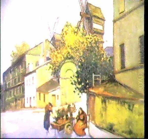 Monmartre, La Marchande De Fleurs Pres Du Moulin De La      Galette, 1918 Oil Painting by Pierre De Belay