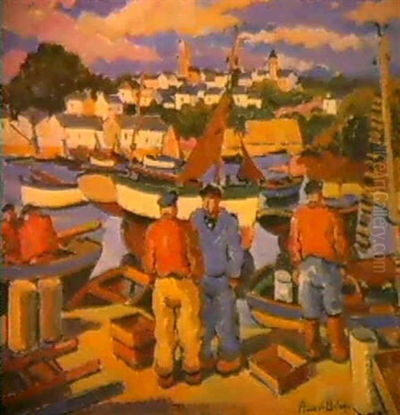 Pecheurs Dans Un Port De Bretagne Oil Painting by Pierre De Belay