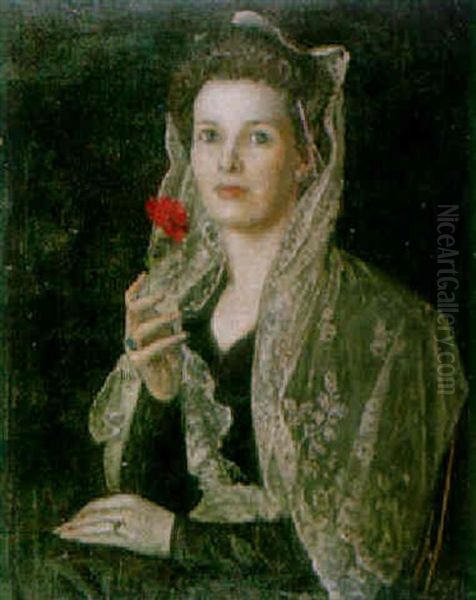 Portrait Of A Lady Holding A Flower, Wearing A Lace Shawl by George Belcher